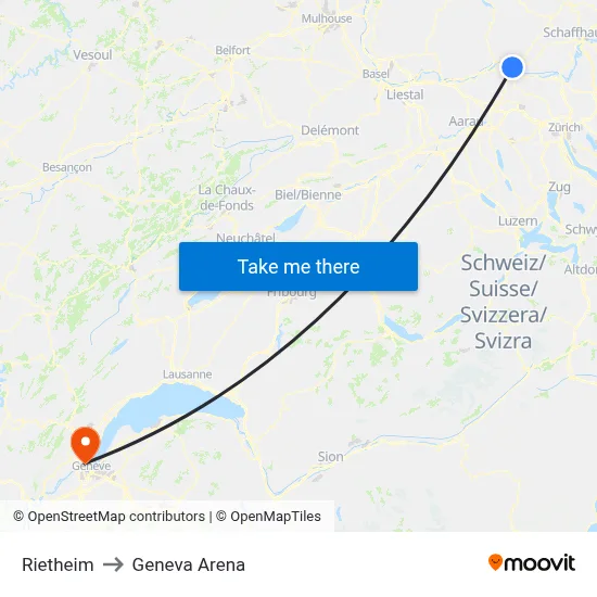 Rietheim to Geneva Arena map