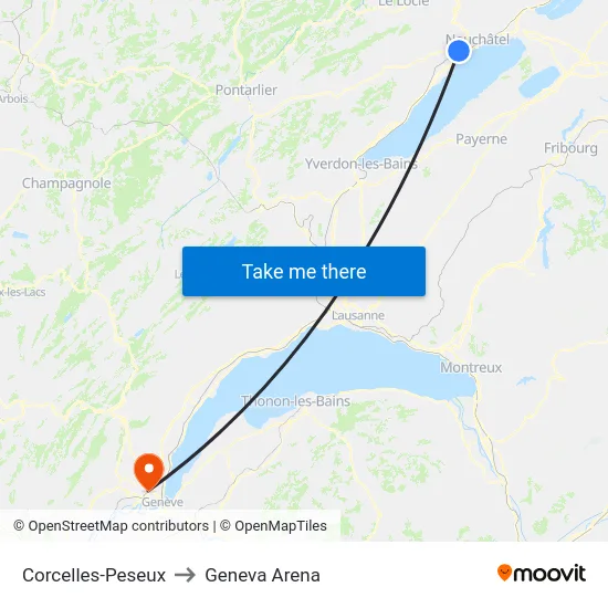 Corcelles-Peseux to Geneva Arena map