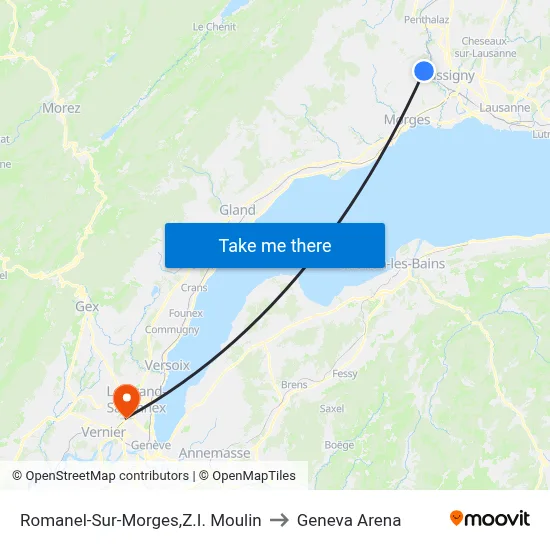 Romanel-Sur-Morges,Z.I. Moulin to Geneva Arena map