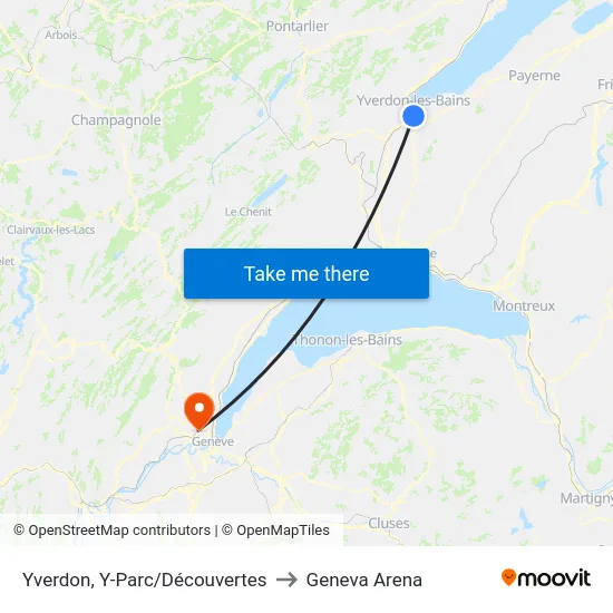 Yverdon, Y-Parc/Découvertes to Geneva Arena map