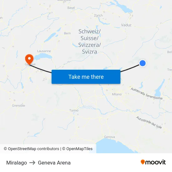 Miralago to Geneva Arena map