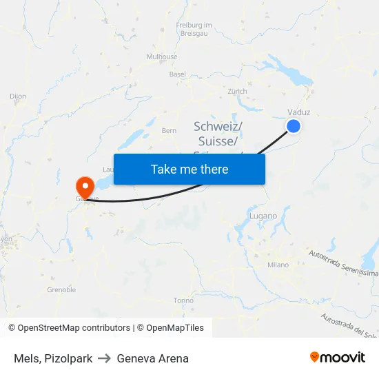 Mels, Pizolpark to Geneva Arena map