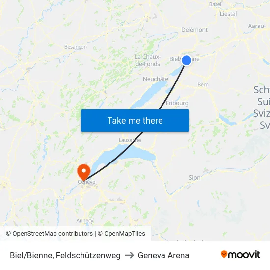 Biel/Bienne, Feldschützenweg to Geneva Arena map
