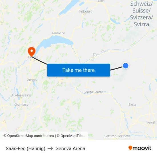 Saas-Fee (Hannig) to Geneva Arena map