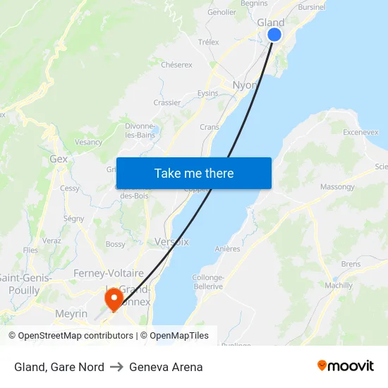 Gland, Gare Nord to Geneva Arena map