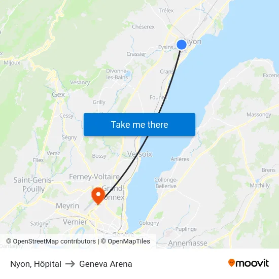 Nyon, Hôpital to Geneva Arena map