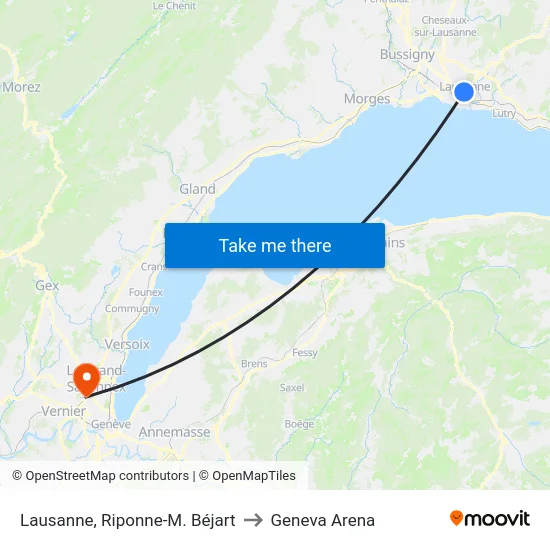 Lausanne, Riponne-M. Béjart to Geneva Arena map