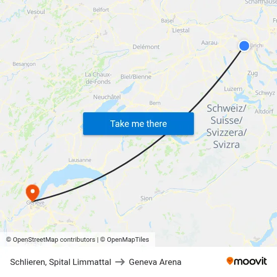 Schlieren, Spital Limmattal to Geneva Arena map