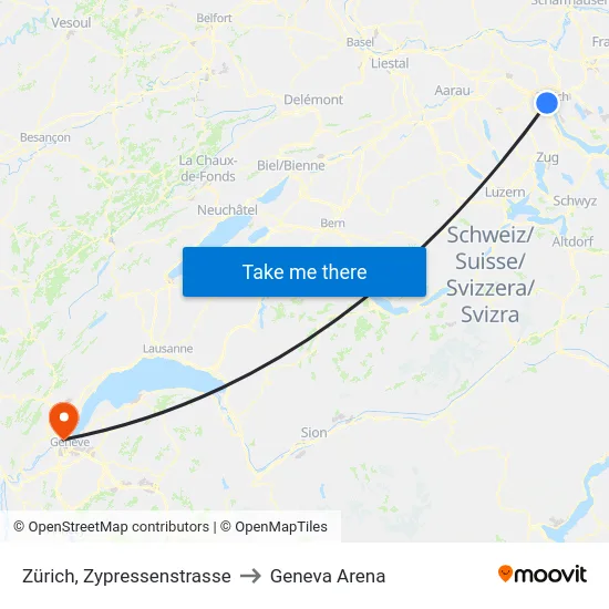 Zürich, Zypressenstrasse to Geneva Arena map