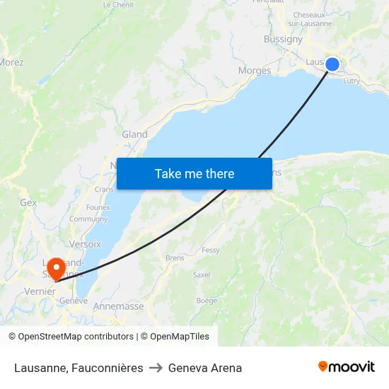 Lausanne, Fauconnières to Geneva Arena map