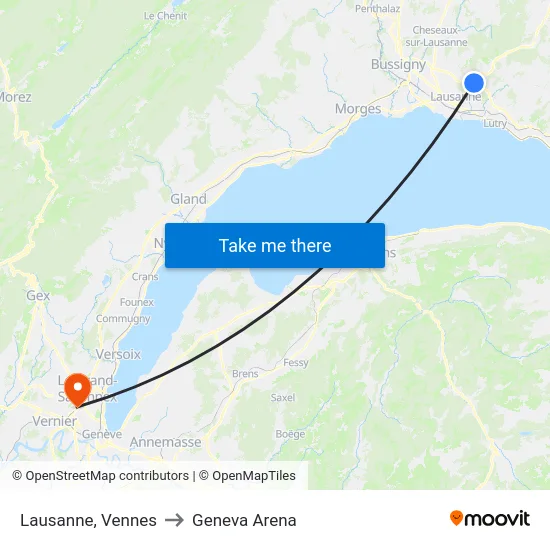 Lausanne, Vennes to Geneva Arena map