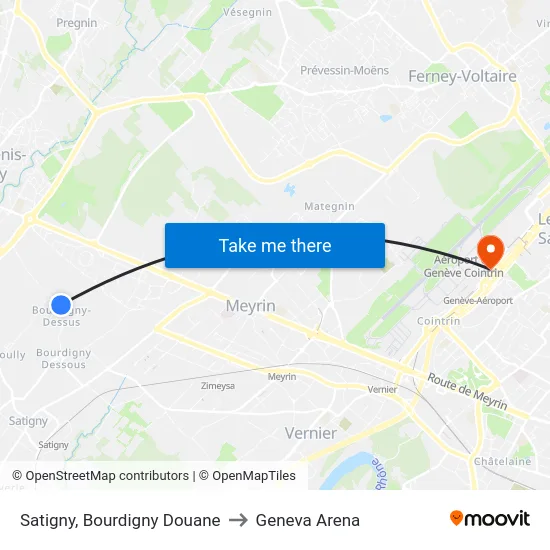 Satigny, Bourdigny Douane to Geneva Arena map