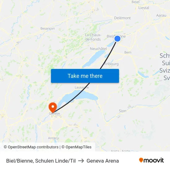 Biel/Bienne, Schulen Linde/Til to Geneva Arena map