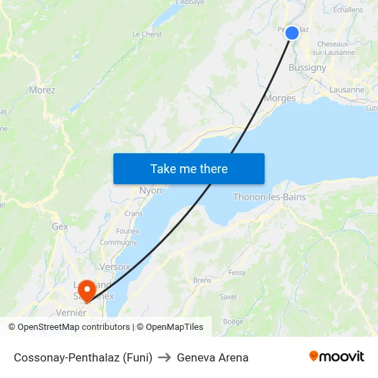 Cossonay-Penthalaz (Funi) to Geneva Arena map