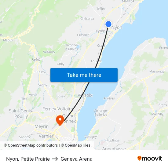 Nyon, Petite Prairie to Geneva Arena map