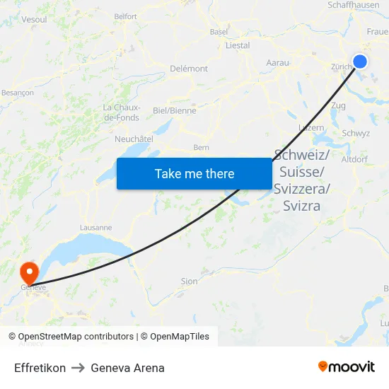 Effretikon to Geneva Arena map