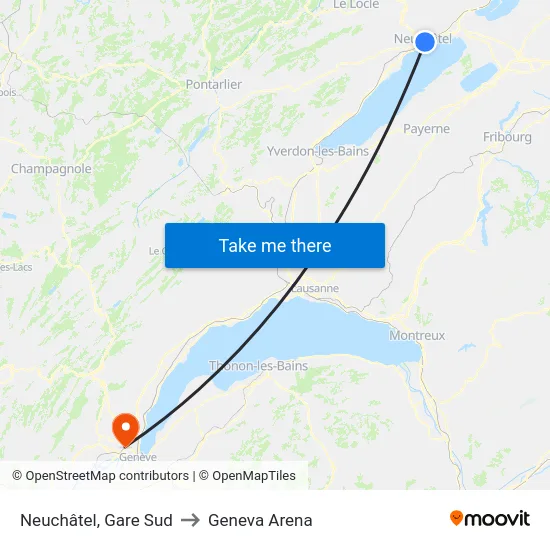 Neuchâtel, Gare Sud to Geneva Arena map