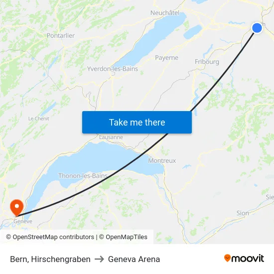 Bern, Hirschengraben to Geneva Arena map