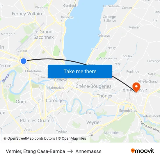 Vernier, Etang Casa-Bamba to Annemasse map