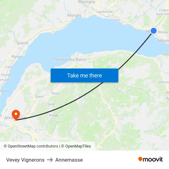 Vevey Vignerons to Annemasse map