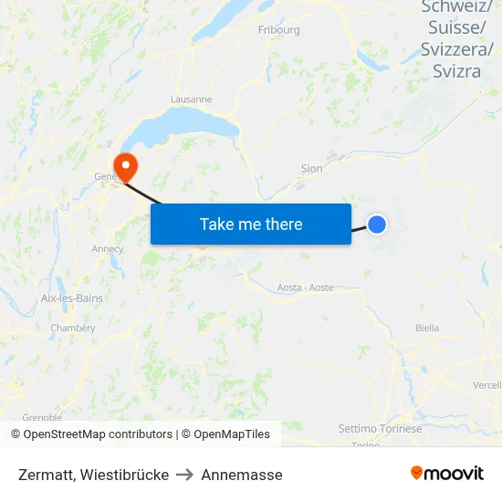 Zermatt, Wiestibrücke to Annemasse map