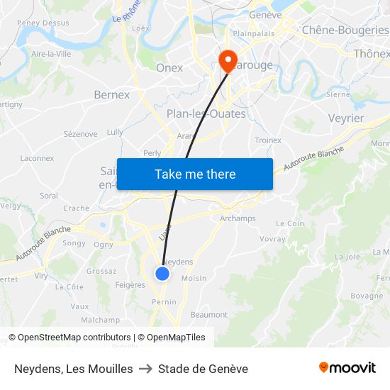 Neydens, Les Mouilles to Stade de Genève map