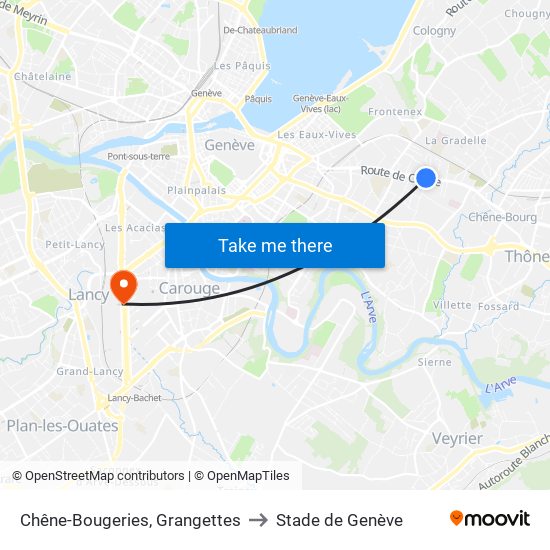 Chêne-Bougeries, Grangettes to Stade de Genève map