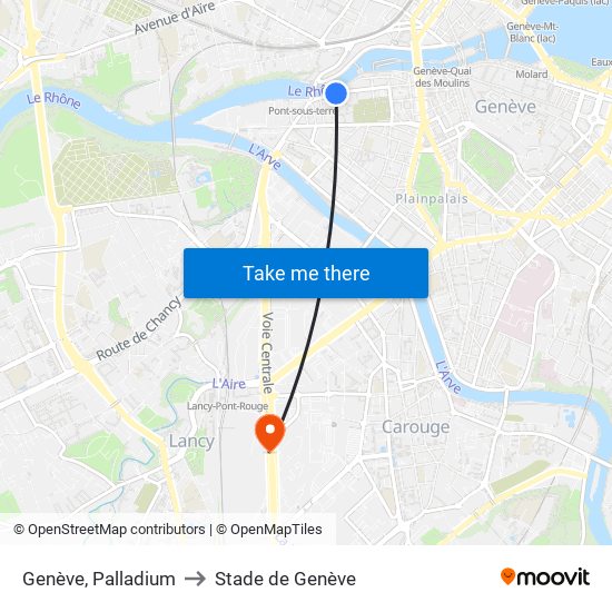 Genève, Palladium to Stade de Genève map