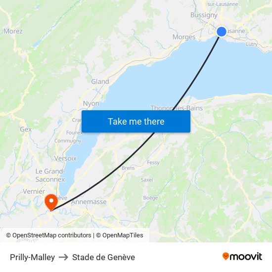 Prilly-Malley to Stade de Genève map