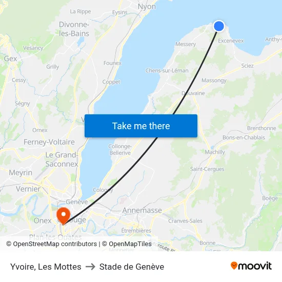 Yvoire, Les Mottes to Stade de Genève map