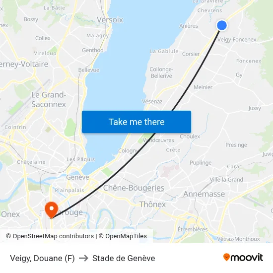 Veigy, Douane (F) to Stade de Genève map