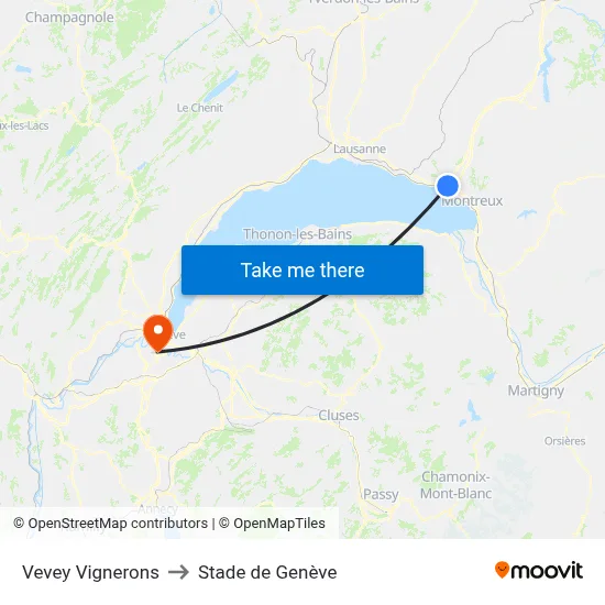 Vevey Vignerons to Stade de Genève map