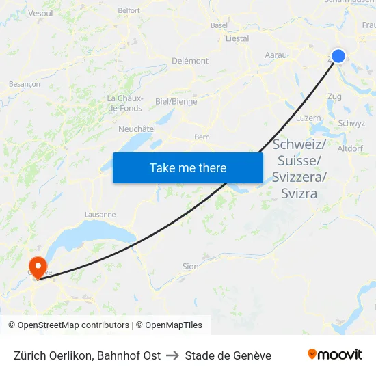 Zürich Oerlikon, Bahnhof Ost to Stade de Genève map