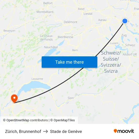 Zürich, Brunnenhof to Stade de Genève map