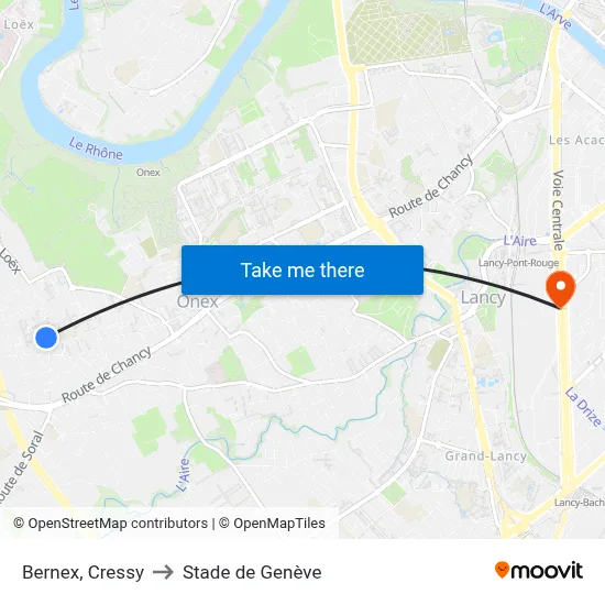 Bernex, Cressy to Stade de Genève map