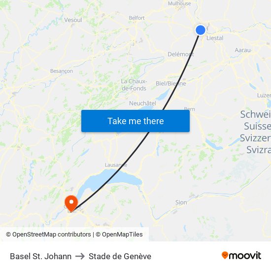 Basel St. Johann to Stade de Genève map