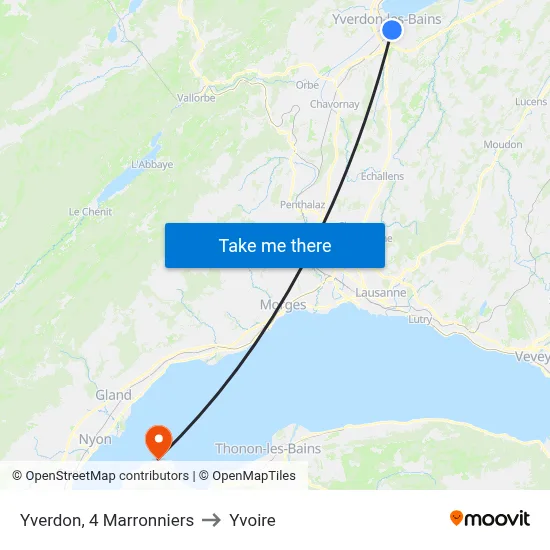 Yverdon, 4 Marronniers to Yvoire map