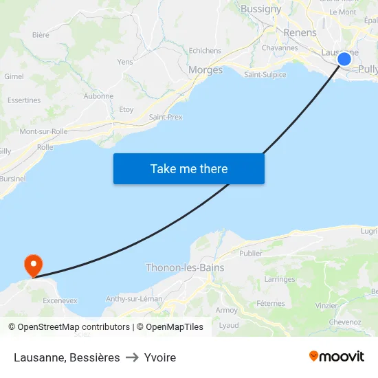 Lausanne, Bessières to Yvoire map