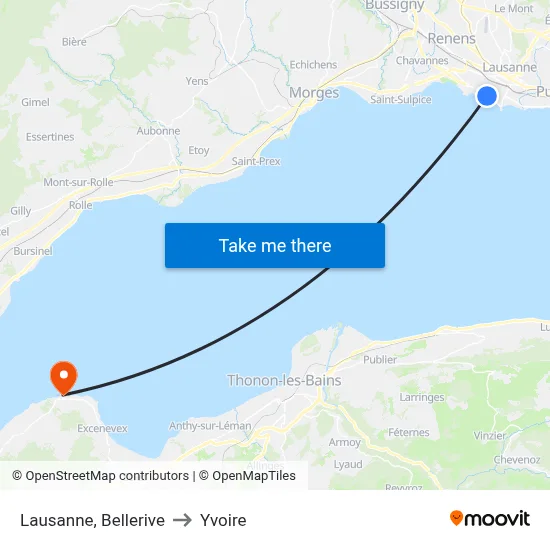 Lausanne, Bellerive to Yvoire map