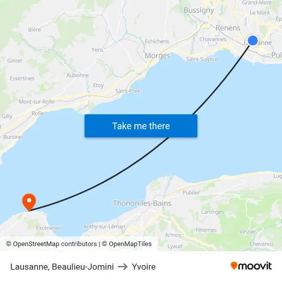Lausanne, Beaulieu-Jomini to Yvoire map