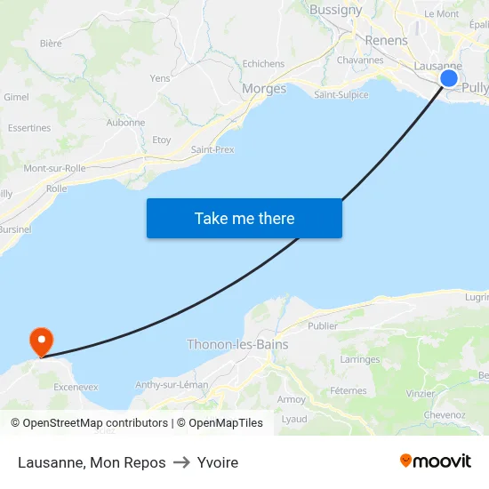 Lausanne, Mon Repos to Yvoire map