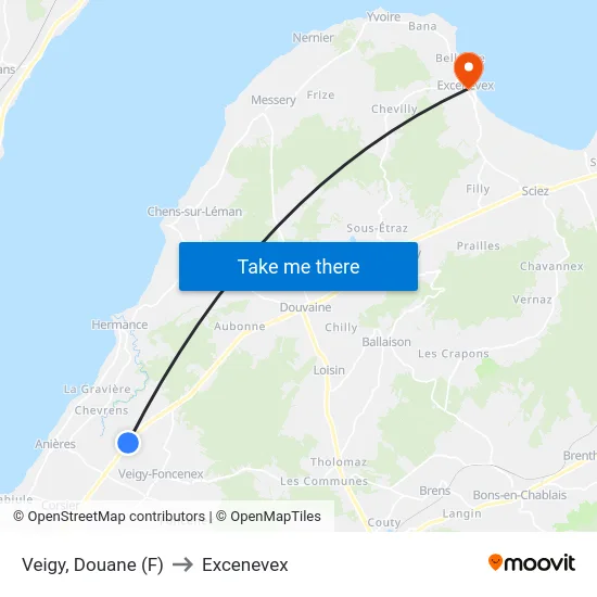 Veigy, Douane (F) to Excenevex map