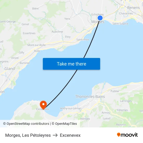 Morges, Les Pétoleyres to Excenevex map