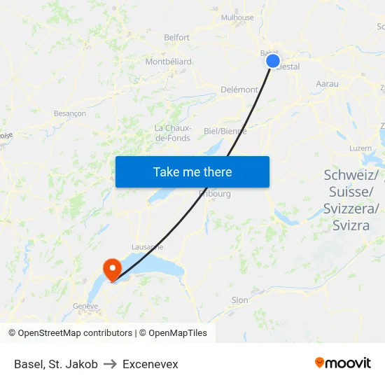 Basel, St. Jakob to Excenevex map