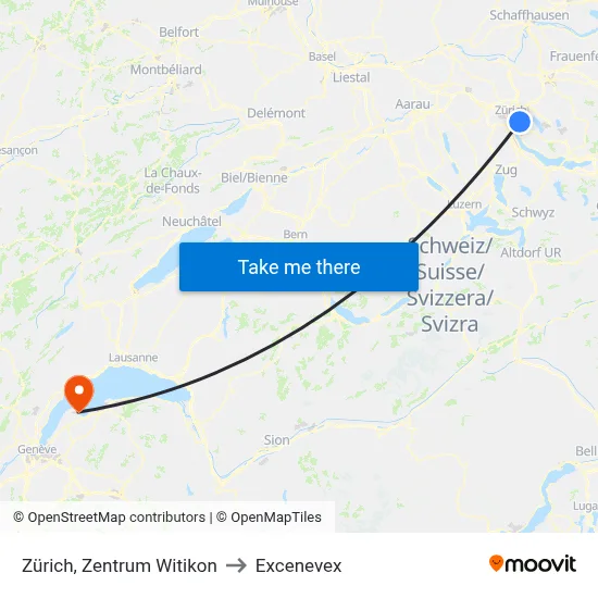 Zürich, Zentrum Witikon to Excenevex map