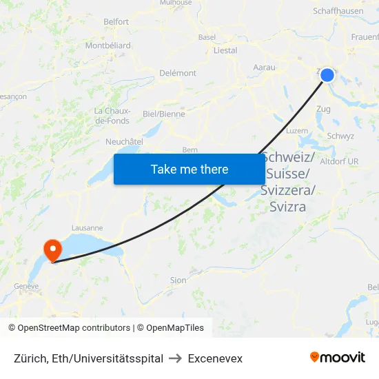 Zürich, Eth/Universitätsspital to Excenevex map