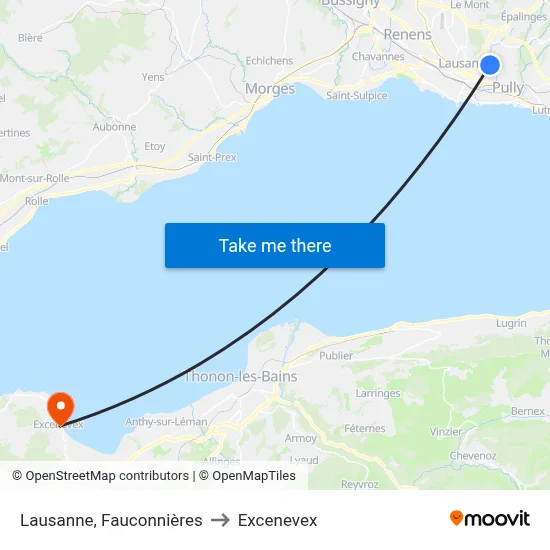 Lausanne, Fauconnières to Excenevex map
