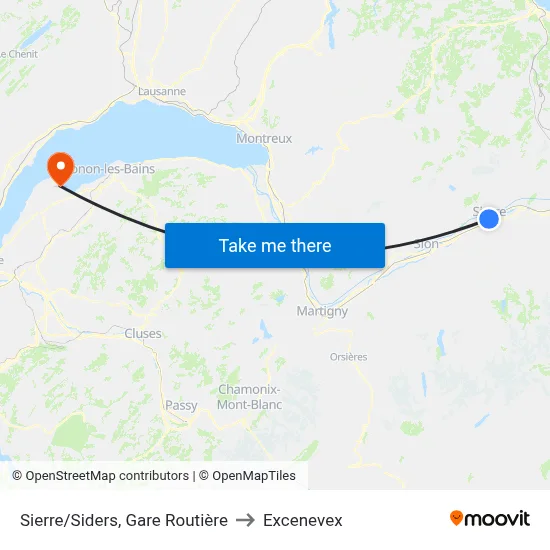 Sierre/Siders, Gare Routière to Excenevex map