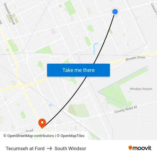Tecumseh at Ford to South Windsor map
