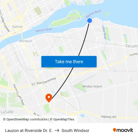 Lauzon at Riverside Dr. E. to South Windsor map